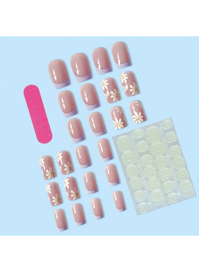 24 Pcs Press on Nails Short White Daisy Fake Nails Full Cover Stick on Nails French Acrylic Exquisite False Nails with Glue Design Nails for Women and Girls - Image 4