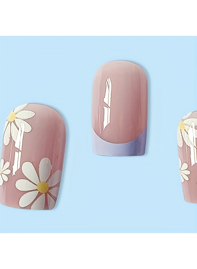 24 Pcs Press on Nails Short White Daisy Fake Nails Full Cover Stick on Nails French Acrylic Exquisite False Nails with Glue Design Nails for Women and Girls - Image 3
