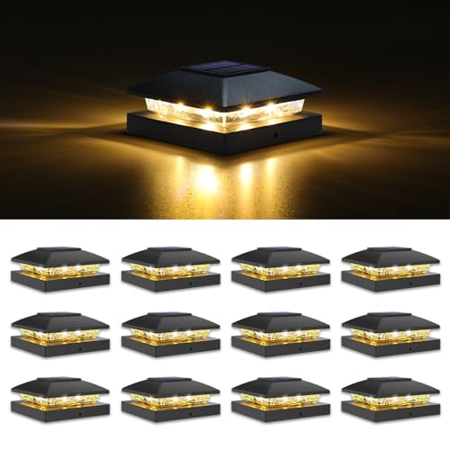 VOLISUN 4x4 Solar Post Cap Light 12pack,Solar Fence - Cap Lights Outdoor Waterproof for Wooden/Vinyl Post,Black Deck Post Cap Light Solar Powered with Warm White for Garden/Patio/Porch - Image 1