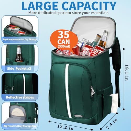 LTINVECK Cooler Backpack for Women MenInsulated Backpack Cooler Leakproof Double Deck Work Lunchboxes Cooler BagHot and Cold Thermal Backpack with Reflective StripesGreen - Image 3