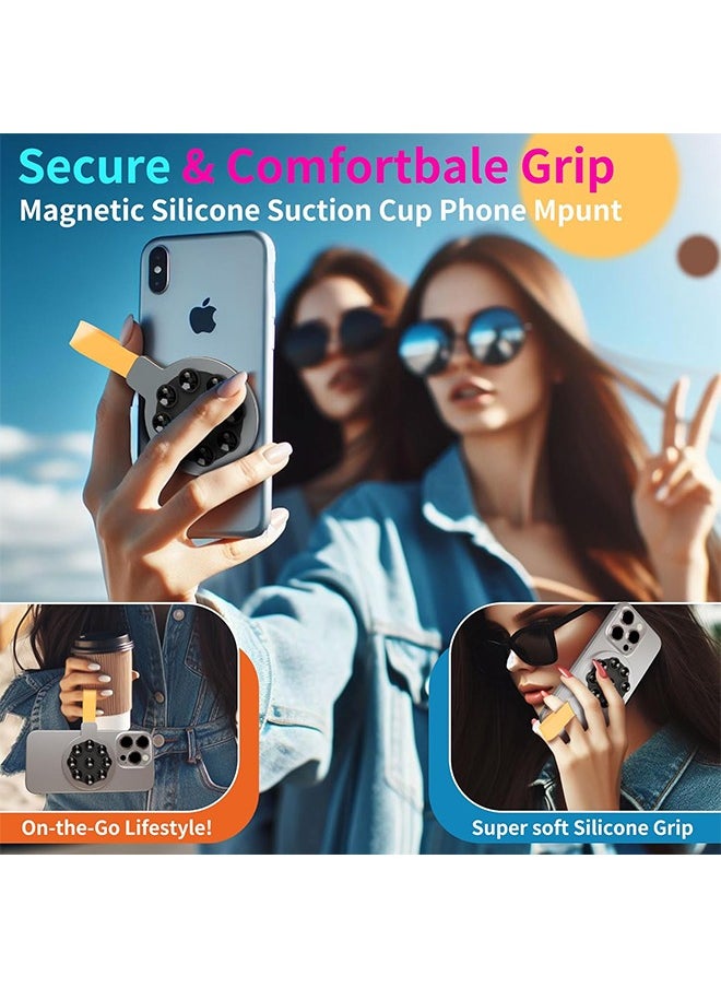 SUNDAREE - Magnetic Suction Cup Phone Mount, Silicone Suction Phone Case Grip Stand Holder for MagSafe, Hands- Free Mirror Shower Phone Holder Mount Fit iPhone 16 Pro Max, TikTok Creator|Videos (Black Orange) - Image 1