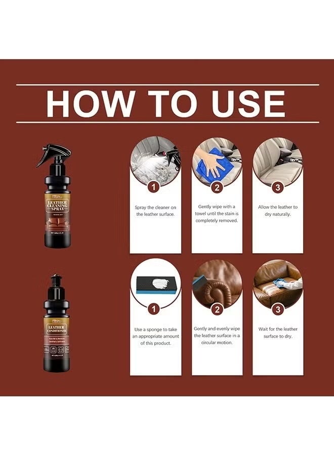 Homonth Leather Cleaning Care Set with Sponge Towel - 120ML Leather Cleaner and 120ML Leather Conditioner - Nourishing Care Shine Renovation Antifouling -Leather Furniture Cleaner for Leather Sofas Car Seats, All Leather Items - Furniture & Chair Restoration Kit - Image 4