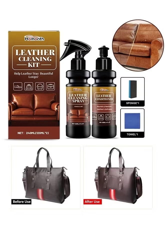 Homonth Leather Cleaning Care Set with Sponge Towel - 120ML Leather Cleaner and 120ML Leather Conditioner - Nourishing Care Shine Renovation Antifouling -Leather Furniture Cleaner for Leather Sofas Car Seats, All Leather Items - Furniture & Chair Restoration Kit - Image 1
