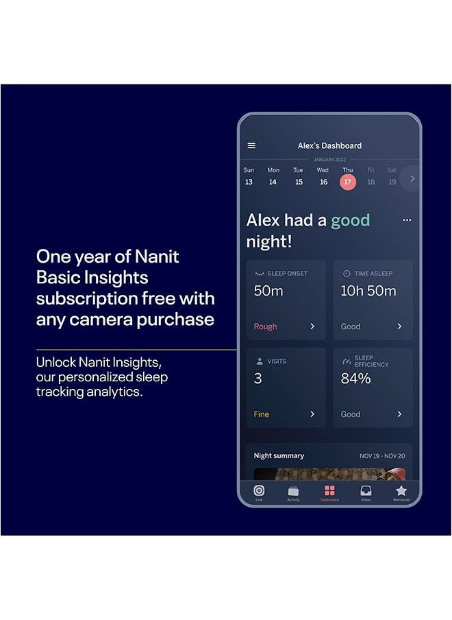 Nanit جهاز مراقبة الطفل الذكي وحامل أرضي - كاميرا فيديو وصوت Wi-Fi بدقة 1080 بكسل، ومدرب النوم ومتتبع حركة التنفس  - Image 4
