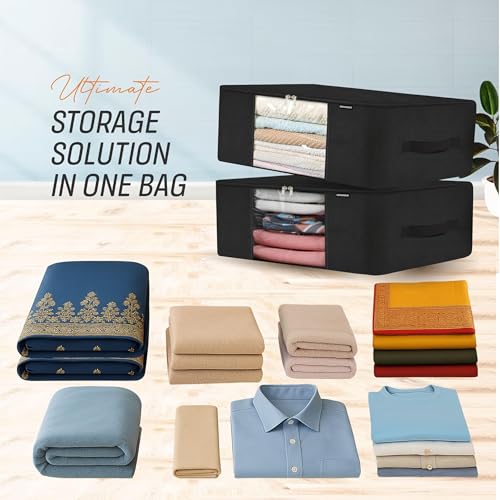 Cranique Large 28L Set of 2 Clothes Storage Bags with Handle | Saree Cover with Zip | Wardrobe Organizer for Cloth, Shirts, Salwar Suit, Lehenga | Transparent Window | Cloth Organiser (WO1-Black-2Q) - Image 3