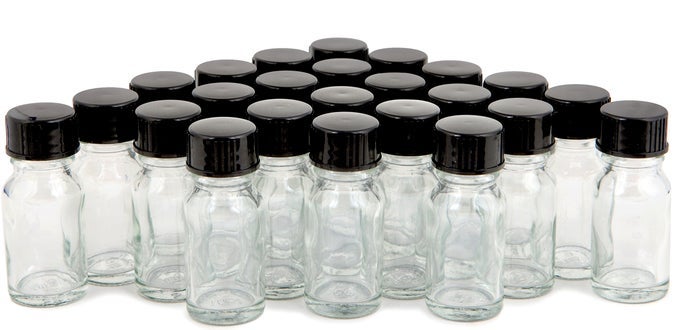 24 CLEAR 10 ML 13 OZ GLASS BOTTLES WITH LIDS