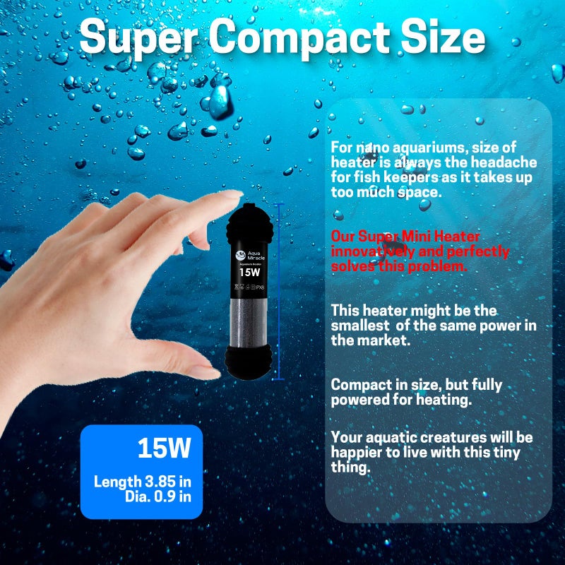 AquaMiracle Upgraded 15W Small Aquarium Heater Fish Tank Heater Turtle Heater Super Mini Aquarium Heater, Dry-Run/Overheating Protection and Memory Function, Dual LED Display, for 1-3 Gal Tanks - Image 2