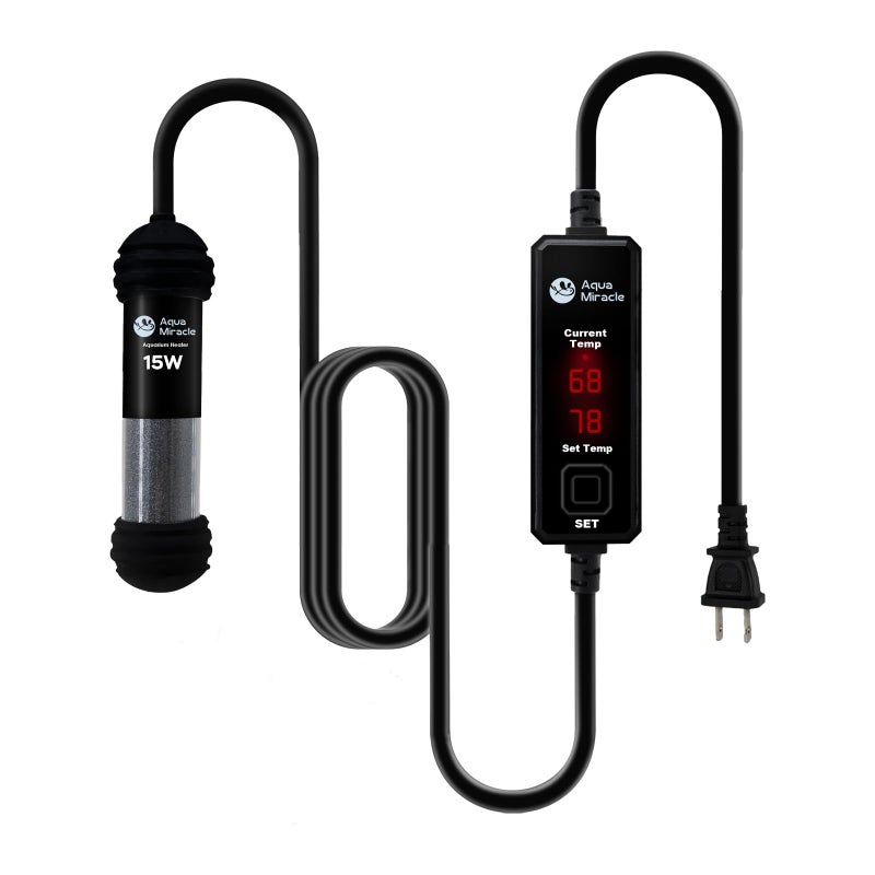 AquaMiracle Upgraded 15W Small Aquarium Heater Fish Tank Heater Turtle Heater Super Mini Aquarium Heater, Dry-Run/Overheating Protection and Memory Function, Dual LED Display, for 1-3 Gal Tanks - Image 1