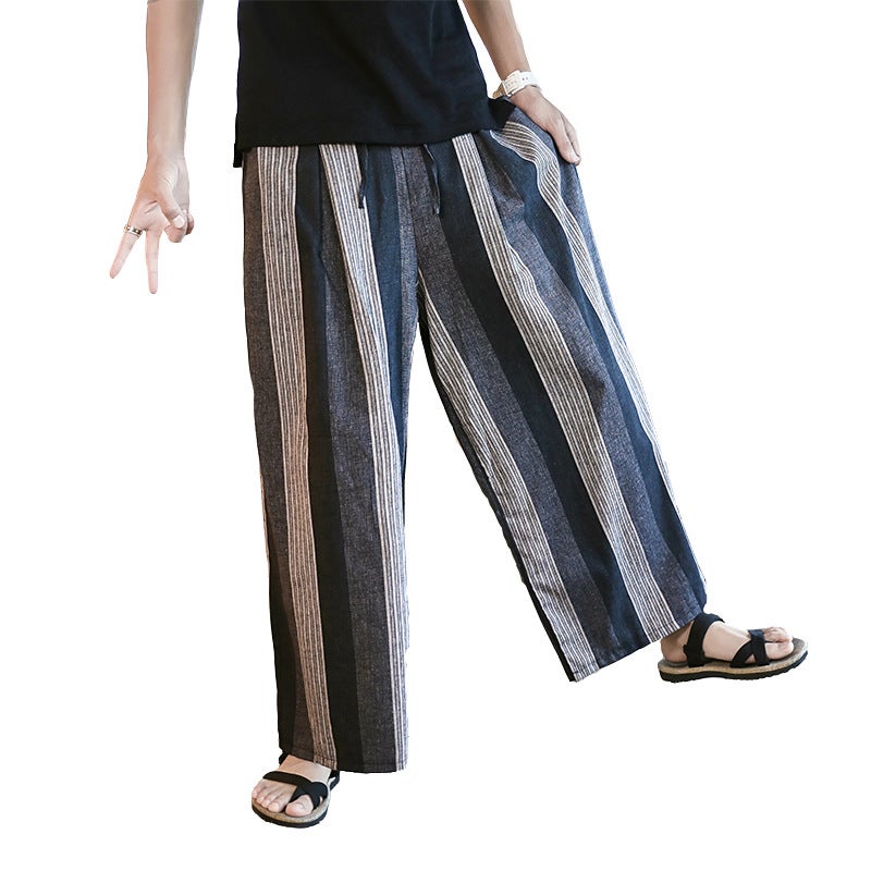 Generic 2021 summer New loose comfortable loose fashion tailoring long striped breathable hemp pants mens comfortable hemp pants INDIGO 