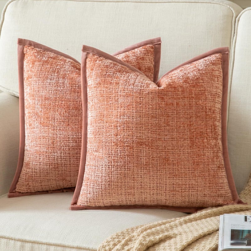 Yaertun Pack of 2 Chenille Textured Decorative Throw Pillow Covers Accent Solid Cushion Cover Soft Cozy Pillow Case with Velvet Back for Couch Sofa Bed Living Room 22x22 Inch Pink - Image 1
