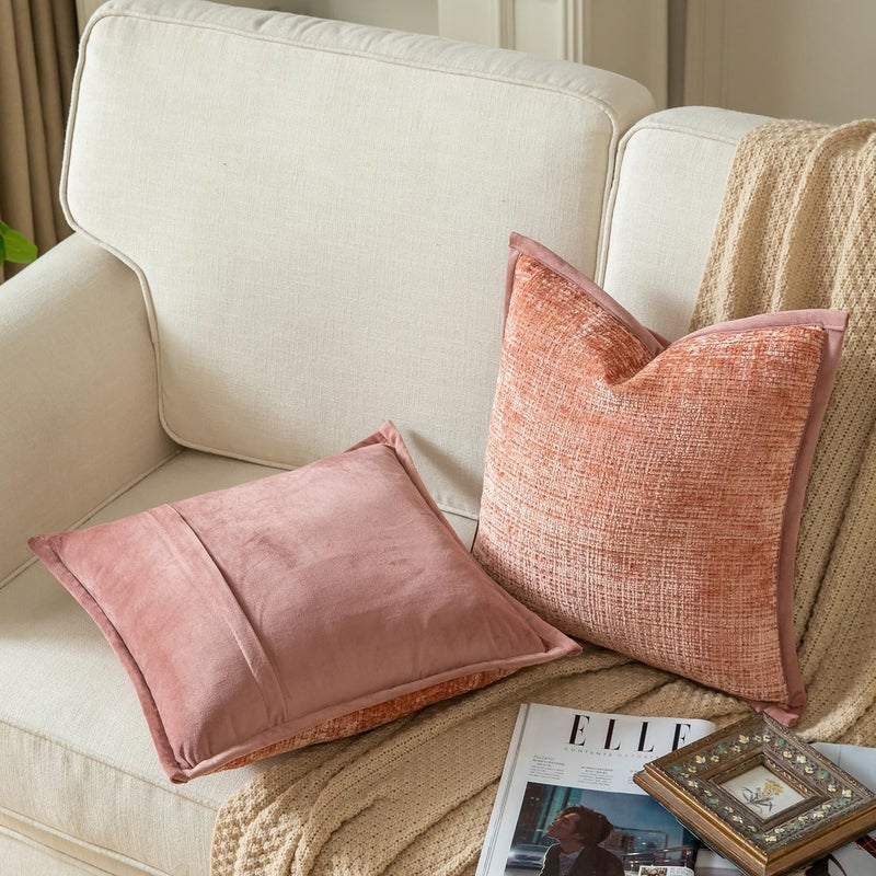 Yaertun Pack of 2 Chenille Textured Decorative Throw Pillow Covers Accent Solid Cushion Cover Soft Cozy Pillow Case with Velvet Back for Couch Sofa Bed Living Room 22x22 Inch Pink - Image 2