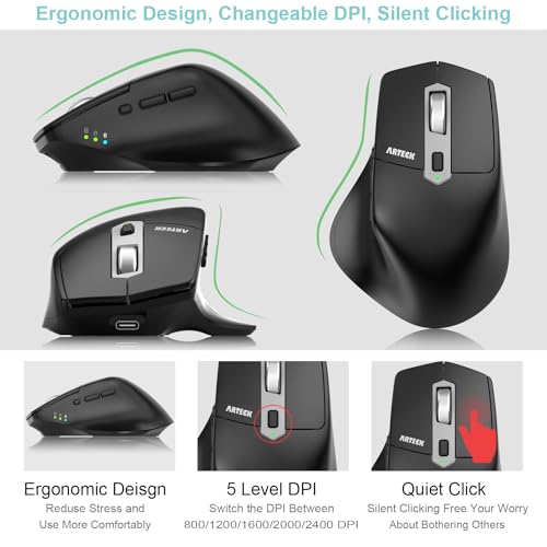 Arteck Multi-Device Wireless Bluetooth Mouse with Nano USB-A, USB-C Receiver Ergonomic Right Hand Silent Clicking Rechargeable Mouse for Computer Desktop PC Laptop Mac iPad and Windows 11/10 iPad OS - Image 3