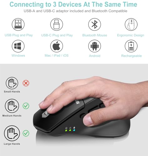 Arteck Multi-Device Wireless Bluetooth Mouse with Nano USB-A, USB-C Receiver Ergonomic Right Hand Silent Clicking Rechargeable Mouse for Computer Desktop PC Laptop Mac iPad and Windows 11/10 iPad OS - Image 2