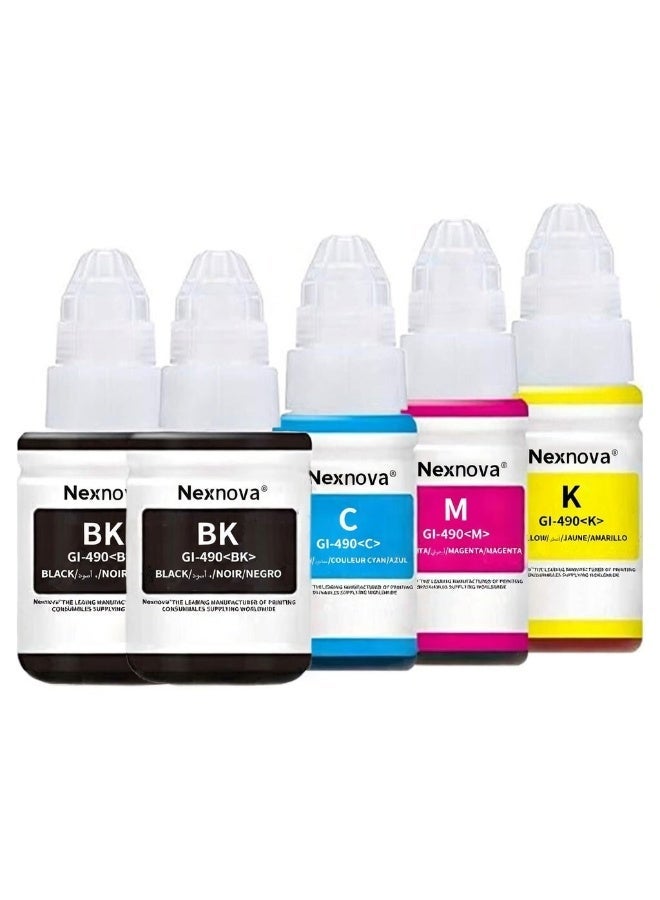 NexNova® ink Set for Canon 490 (5-Pack Black*2 Cyan Magenta Yellow) Ink for GI 490 for PIXMA G3400 G2400 G1400 G4400 G1411 G2411 G3411 G4411 G4410 G3410 (5, 2BK/C/M/Y) - Image 1