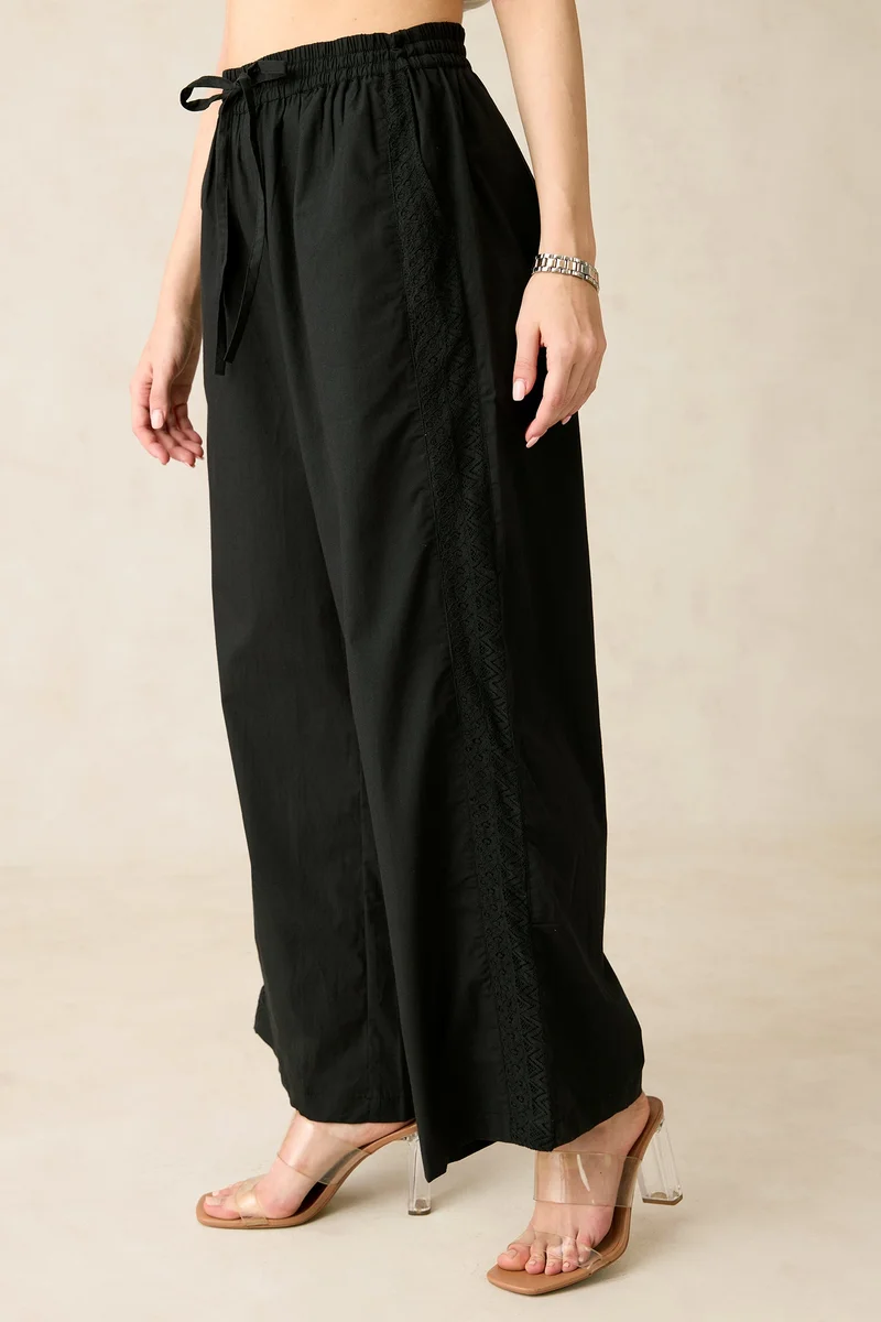 Virgio Solid Cotton Side Lace Detail Pullup Pants for Women