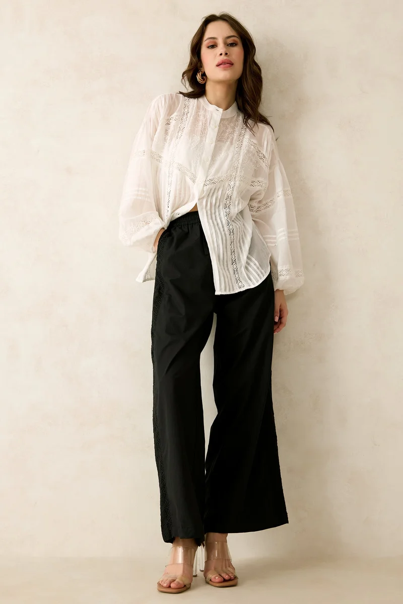 Virgio Solid Cotton Side Lace Detail Pullup Pants for Women