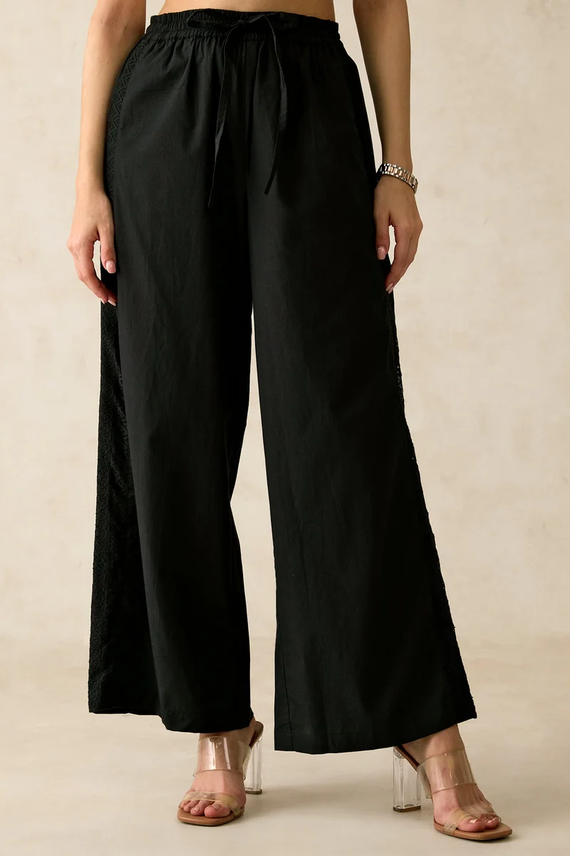 Virgio Solid Cotton Side Lace Detail Pullup Pants for Women