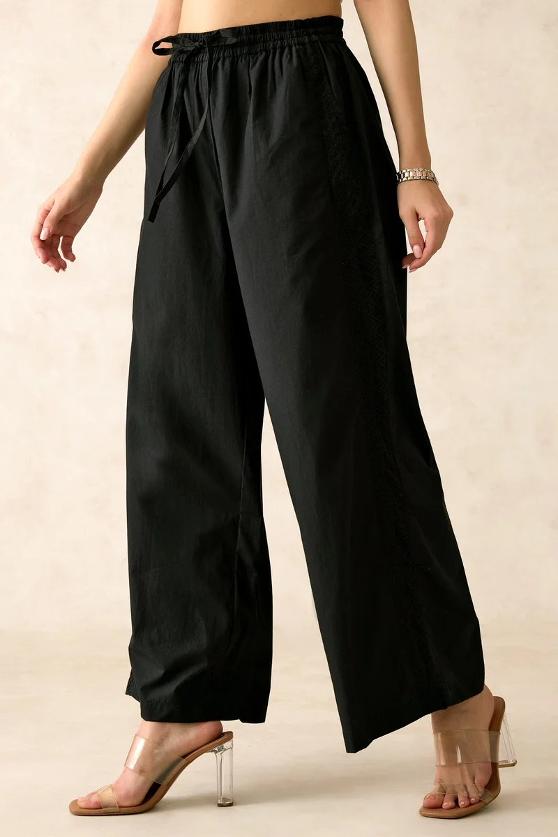 Virgio Solid Cotton Side Lace Detail Pullup Pants for Women