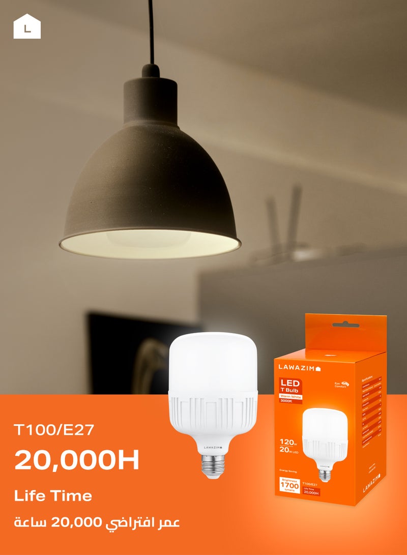 LAWAZIM 20W LED Bulb T100 E27 - 6 Pack 3000K Warm White - Jumbo Non-Dimmable Energy Saving 120W Equivalent T-Shape Bulb with 1700 Lumens and a Lifespan of 20,000 Hours - for Home and Commercial Use - Image 4
