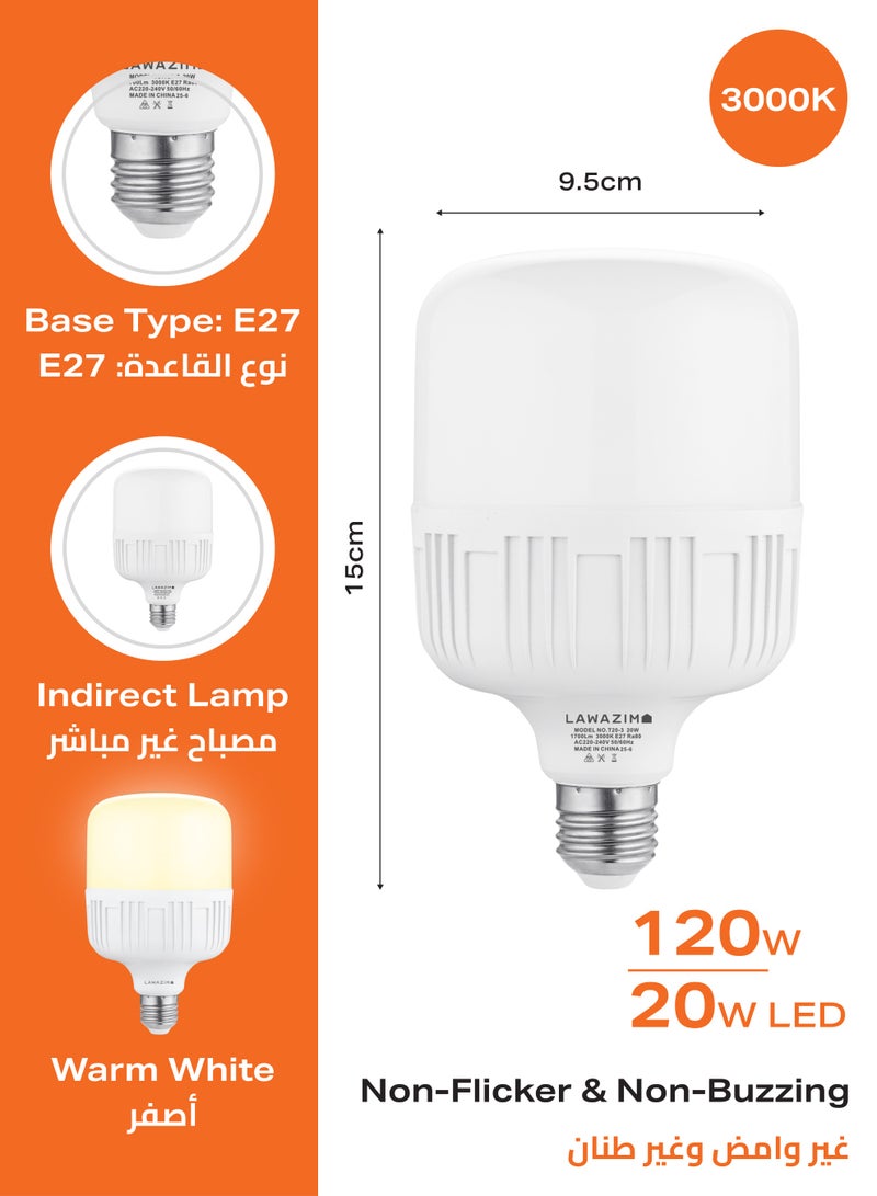 LAWAZIM 20W LED Bulb T100 E27 - 6 Pack 3000K Warm White - Jumbo Non-Dimmable Energy Saving 120W Equivalent T-Shape Bulb with 1700 Lumens and a Lifespan of 20,000 Hours - for Home and Commercial Use - Image 2