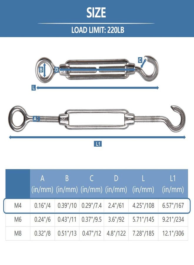 YanTone M4 Turnbuckle Hook and Eye 304 Stainless Steel Wire Rope Tensioner, 6Pcs - Image 3