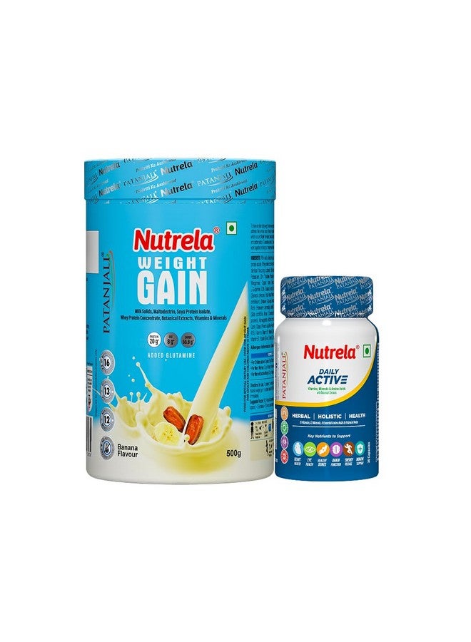 Nutrela Combo Weight gain 500gm Banana Flavor & Daily active multivitamins Capsule (30) - Image 1
