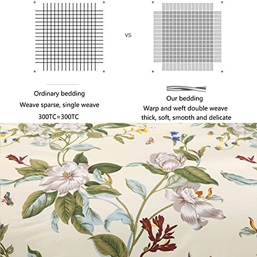 FADFAY Floral Duvet Cover Set 100% Cotton Green and Beige Striped Shabby Flower Bedding Branches Summer Bedding Reversible 600 TC Soft Zipper Comforter Cover & 2 Pillowcases，Queen - Image 2