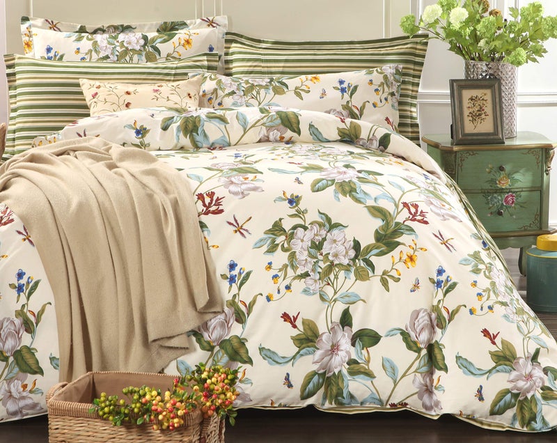 FADFAY Floral Duvet Cover Set 100% Cotton Green and Beige Striped Shabby Flower Bedding Branches Summer Bedding Reversible 600 TC Soft Zipper Comforter Cover & 2 Pillowcases，Queen - Image 1