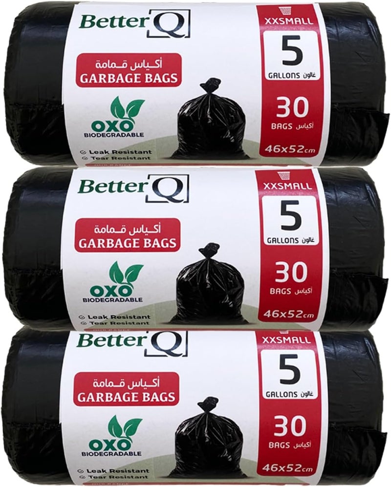 لفافة أكياس قمامة قابلة للتحلل البيولوجي من نوع Oxo-Biodegradable، سعة 5 جالون، 3 لفائف، لون أسود، مقاسات 46×52 سم، تحتوي على 90 كيسًا في اللفافة الواحدة (30×3 كيسات). - Image 1
