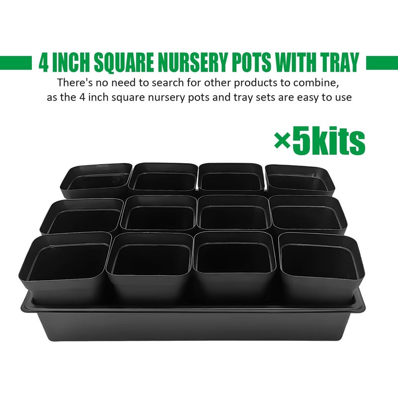 RooTrimmer 4 inch (10CM) Square Nursery Pots 60pcs, Sturdy Seedlings Trays 5 Pcs, Seeds Starter Germination Tray, Microgreening Planter Nursery Propagation 5 Sets - Image 3