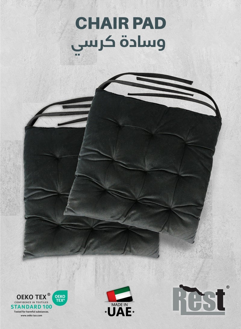 ريست REST Pack of 4 Velvet Soft Chair Pad with Seat Ties Suitable for Garden , Kitchen and Office Chairs Indoor and Outdoor  Black 40x40cm - Image 2