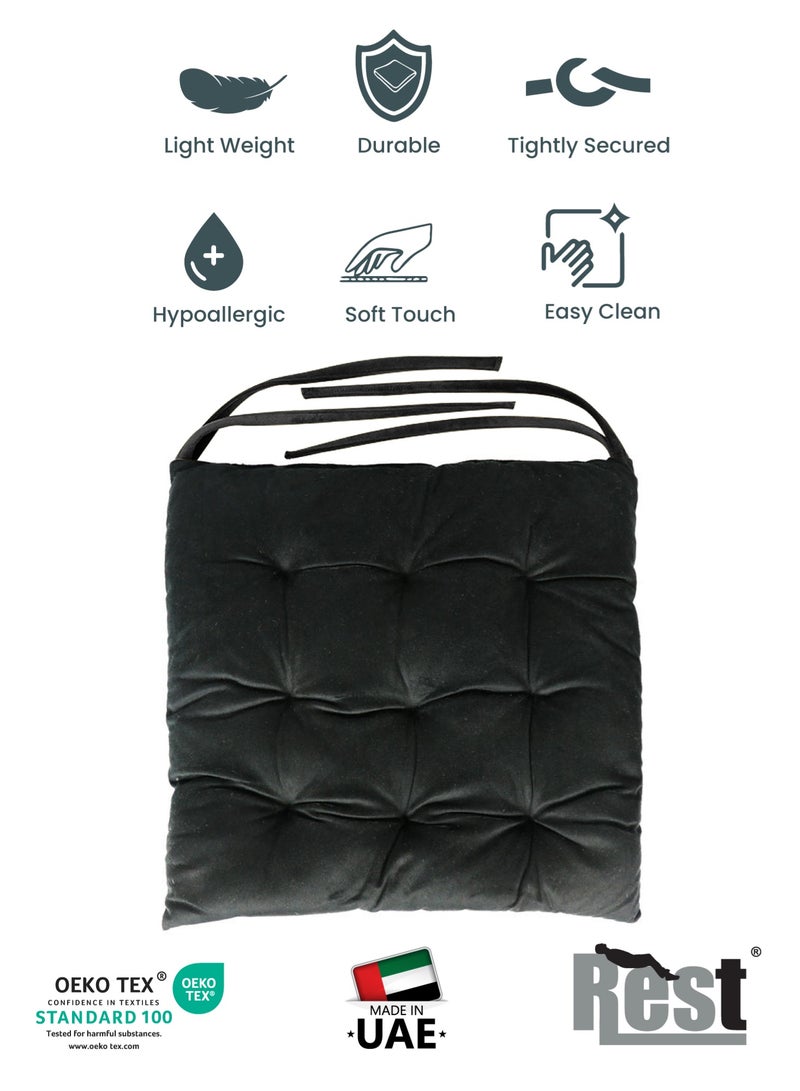 ريست REST Pack of 4 Velvet Soft Chair Pad with Seat Ties Suitable for Garden , Kitchen and Office Chairs Indoor and Outdoor  Black 40x40cm - Image 5