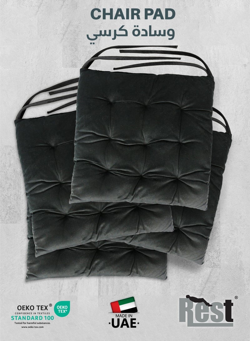 ريست REST Pack of 4 Velvet Soft Chair Pad with Seat Ties Suitable for Garden , Kitchen and Office Chairs Indoor and Outdoor  Black 40x40cm - Image 1