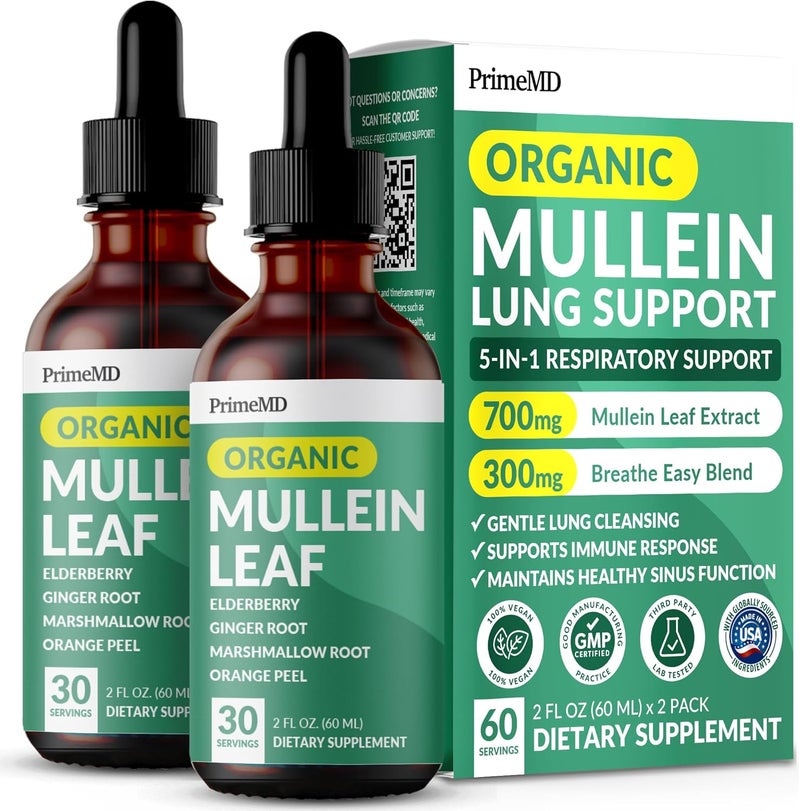 PrimeMD 5in1 Mullein Drops for Lungs and Bronchial  Respiratory Lung Health Support with Mullen Leaf Extract for lungs  Mullein Tincture with Elderberry Marshmallow Ginger Root 60 Servings 2pack - Image 1