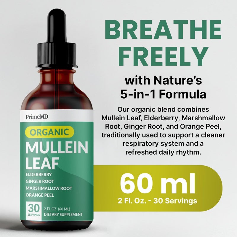 PrimeMD 5in1 Mullein Drops for Lungs and Bronchial  Respiratory Lung Health Support with Mullen Leaf Extract for lungs  Mullein Tincture with Elderberry Marshmallow Ginger Root 60 Servings 2pack - Image 2