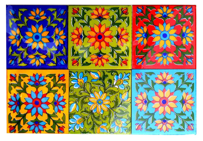 Shiv Kripa Blue Pottery Floor Decorative Tile Seamless Pattern Traditional Handmade Install Furniture Backsplash Designer Decorative Wall Floor Furniture 4 x 4 Inch Pack of 6 Tiles (Multi) - Image 1