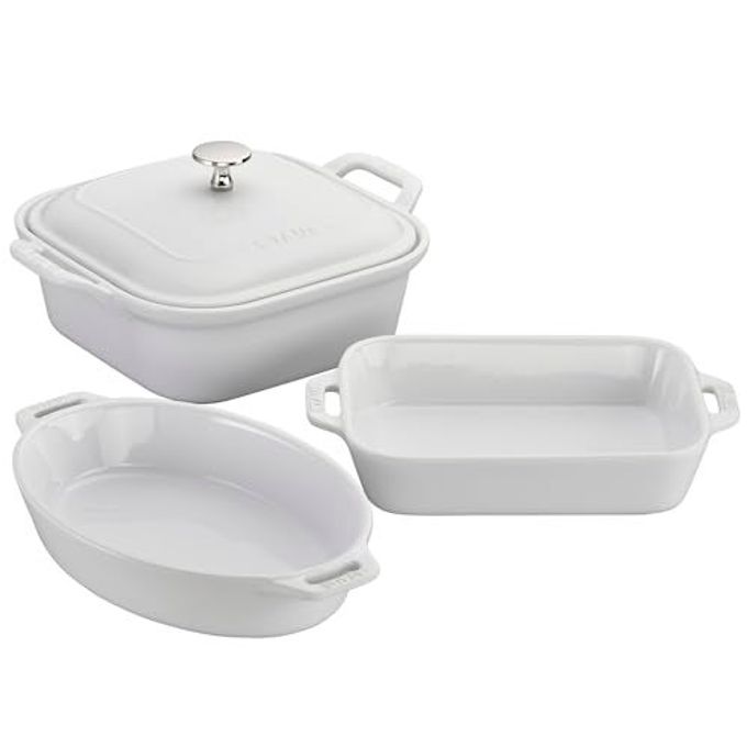 Staub Ceramic 4-pc Baking Pans Set, Casserole Dish with Lid, Brownie Pan, White