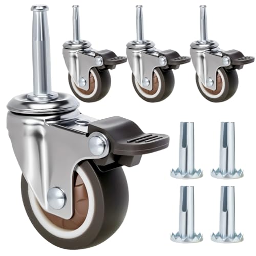 JGJC 2 NonMarring Rubber Caster Wheels 4Pack 516 112 838mm Grip Neck with Sleeve Plugs Heavy Duty Casters with Brake Set of 4 for Wood Furniture Legs Tables Benches Floor Friendly - Image 1