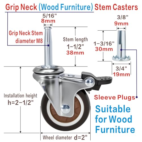 JGJC 2 NonMarring Rubber Caster Wheels 4Pack 516 112 838mm Grip Neck with Sleeve Plugs Heavy Duty Casters with Brake Set of 4 for Wood Furniture Legs Tables Benches Floor Friendly - Image 3