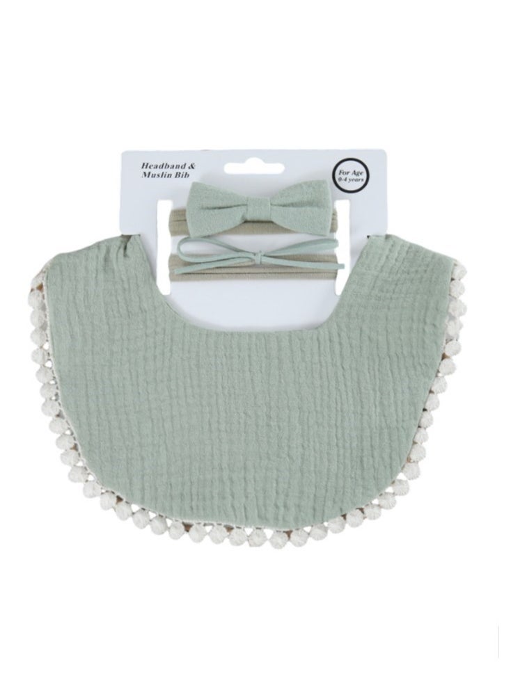 Bambimici - Bambimici -Sophia  Set of Baby Bib and Ribbon Headband - Sage Green - Image 1