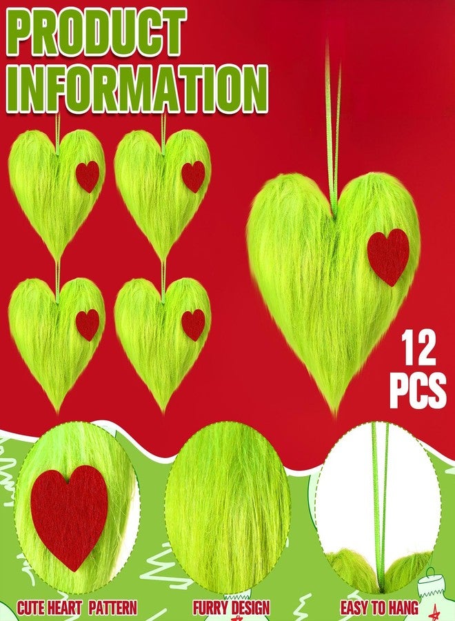 Vicenpal 12 Pcs Christmas Plush Heart Ornament Set, Hanging Lime Green Decorations with Ribbons, Soft Fuzzy Xmas Heart Decor for Tree, Garland, Gift Wrapping, Party, Wedding, Home Wall - Image 3