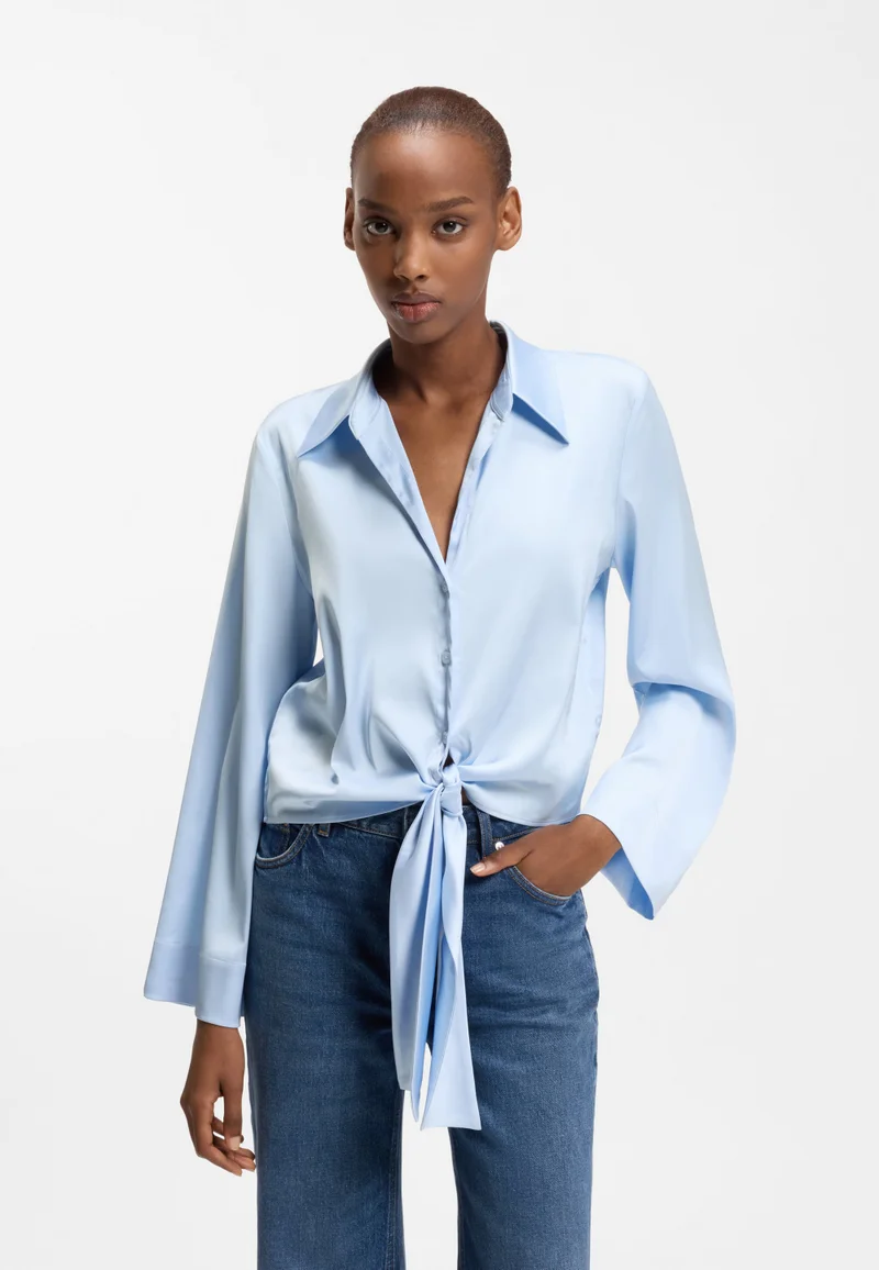 Relaxed-fit blouse in stretch satin with tie detail