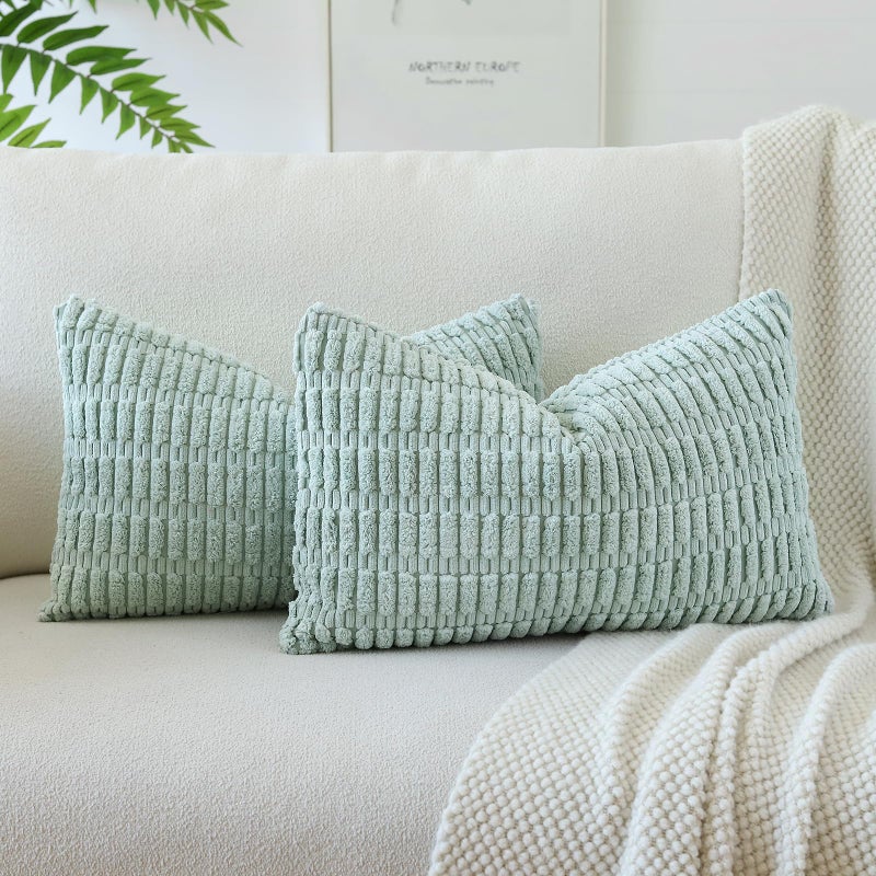 OTOSTAR Pack of 2 Soft Corduroy Decorative Throw Pillow Covers 16 x 24 Inch Boho Striped Pillow Covers Lumbar Cushion Case Couch Pillowcases for Sofa Bed Home Decor Light Blue Green