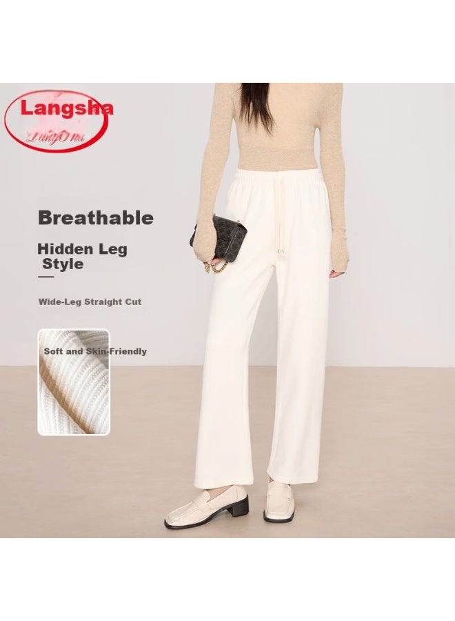 Langsha Chenille Wide-leg Pants For Women Spring Autumn Winter Slim High-waist Drawstring Corduroy Straight-leg Floor-length Trousers