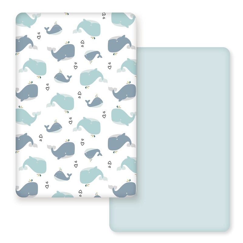 مجموعة شراشف GRSSDER القابلة للتمدد من الجيرسي الناعم للغاية لسرير اللعب القابل للنقل 2 حزمة شراشف للسرير الصغير واللعب للأولاد والبنات، حوت جميل