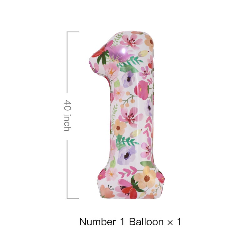 cocodino Flower Balloons 40 Inch Floral Number 1 Balloon for 1st Birthday Garden Party Decorations One Year Old Photo Props Foil Number 1 - Image 2