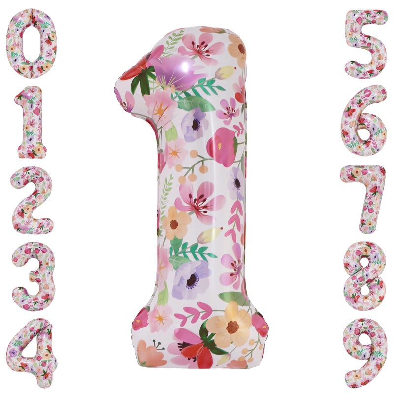 cocodino Flower Balloons 40 Inch Floral Number 1 Balloon for 1st Birthday Garden Party Decorations One Year Old Photo Props Foil Number 1 - Image 1