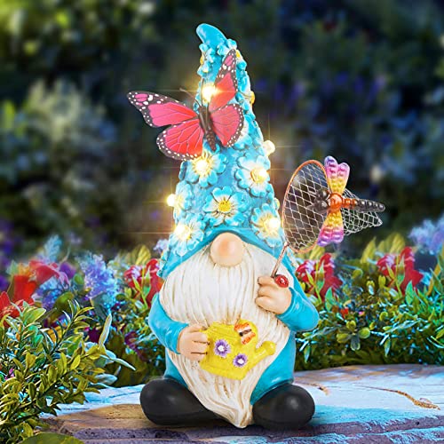 Foreby Garden Gnome Statues Outdoor Decor Solar Gnomes with Butterfly on LED Lighted Flowers, Resin Blue Gnomes Sculpture for Patio Yard Lawn Onament Decoration - Image 1