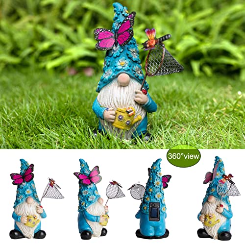Foreby Garden Gnome Statues Outdoor Decor Solar Gnomes with Butterfly on LED Lighted Flowers, Resin Blue Gnomes Sculpture for Patio Yard Lawn Onament Decoration - Image 3