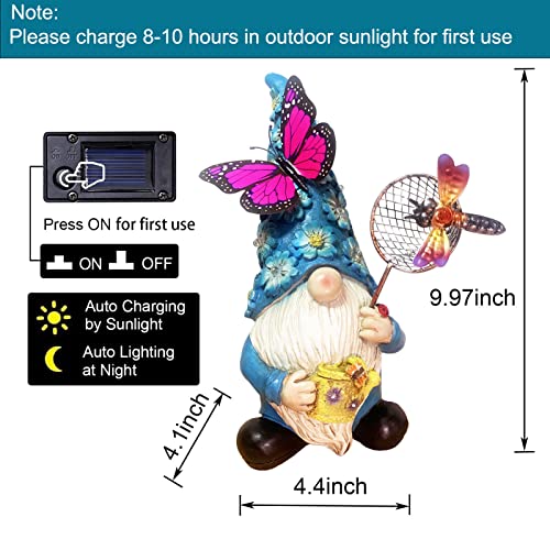 Foreby Garden Gnome Statues Outdoor Decor Solar Gnomes with Butterfly on LED Lighted Flowers, Resin Blue Gnomes Sculpture for Patio Yard Lawn Onament Decoration - Image 4